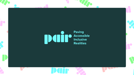 A dark green rectangular frame is enclosed within a white border, where the word 'pair' appears in various vibrant colors, arranged vertically, horizontally, diagonally, or even upside down as decorative elements. Inside the frame, the program's logo 'pair' is displayed in bold cyan letters, accompanied by the acronym's full form: Paving Accessible Inclusive Realities.